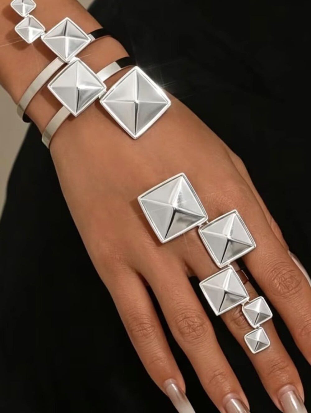 Silver Pyramid Statement Ring & Cuff Set - Women's Jewelry